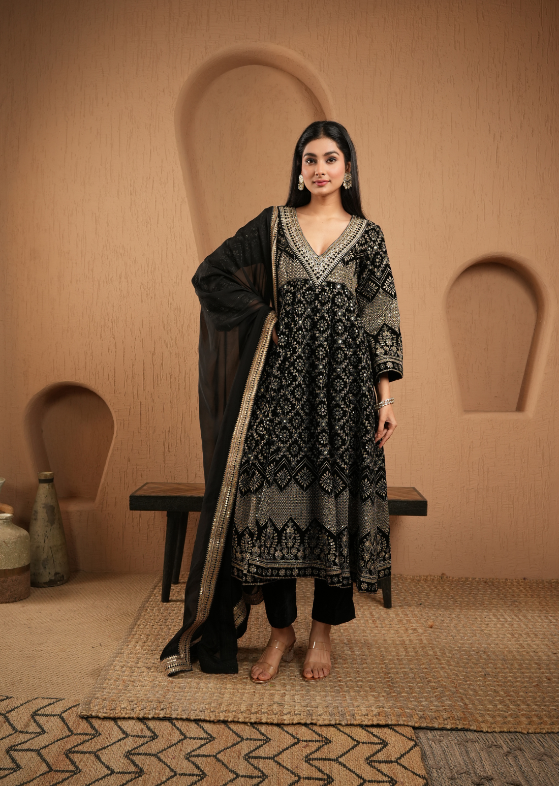 Black Velvet Embroidered Anarkali With Pants And Dupatta