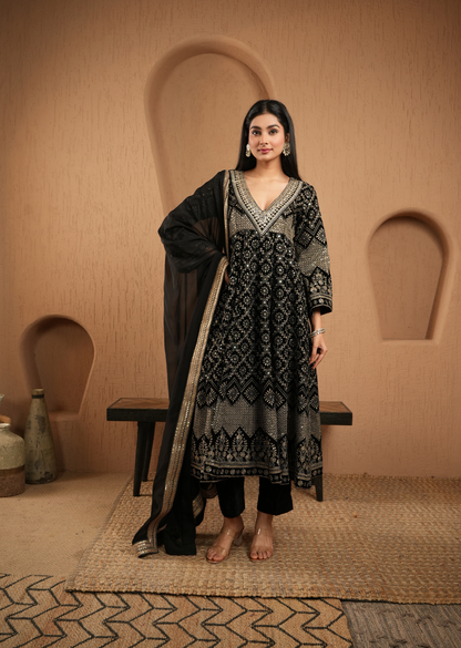 Black Velvet Embroidered Anarkali With Pants And Dupatta
