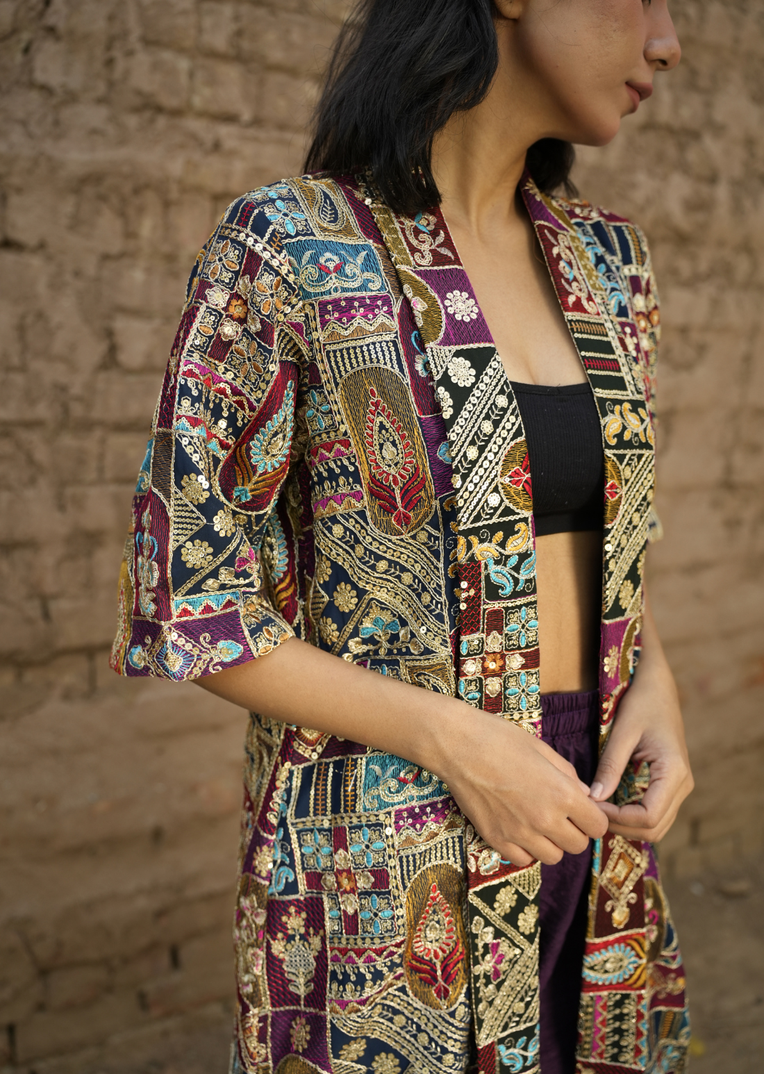 Navy Blue Zari Embroidered Open Long Jacket With Pants