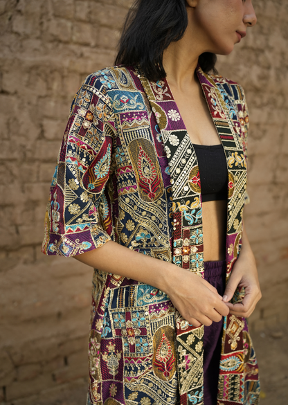 Navy Blue Zari Embroidered Open Long Jacket With Pants