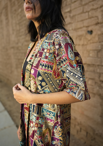 Navy Blue Zari Embroidered Open Long Jacket With Pants