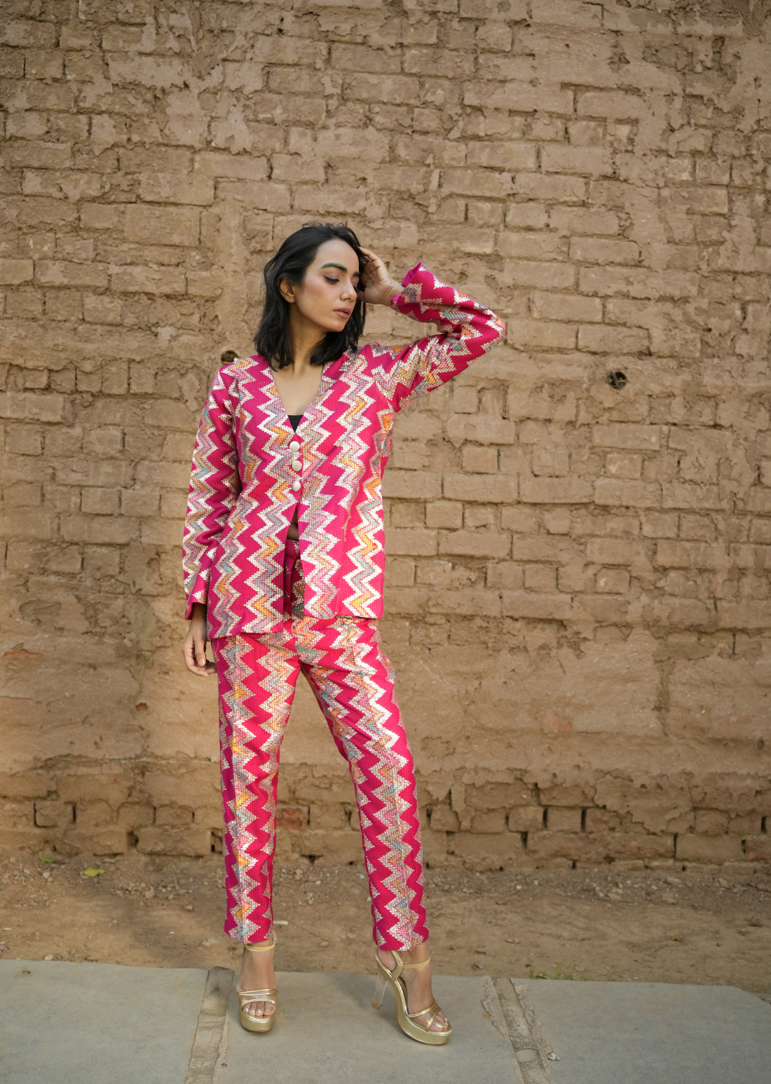 Pink Zari Embroidered Coat And Solid Pants With Turquoise Bustier