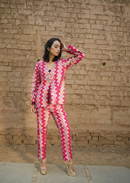Pink Zari Embroidered Coat And Solid Pants With Turquoise Bustier