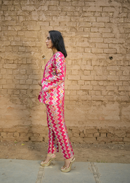 Pink Zari Embroidered Coat And Solid Pants With Turquoise Bustier