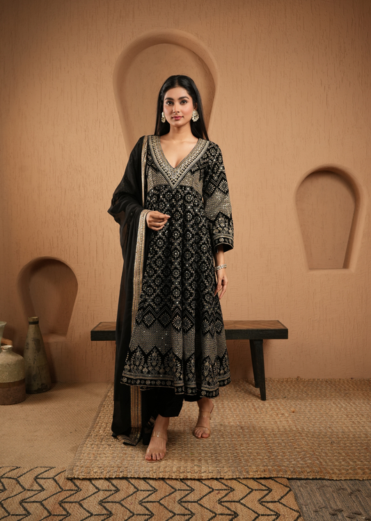 Black Velvet Embroidered Anarkali With Pants And Dupatta