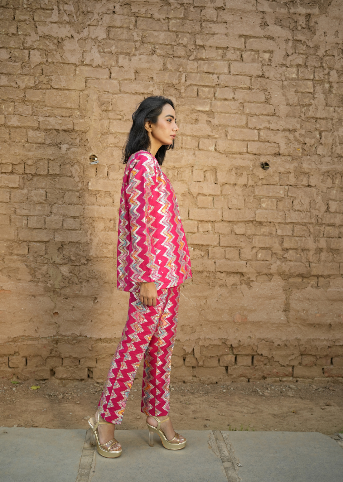 Pink Zari Embroidered Coat And Solid Pants With Turquoise Bustier