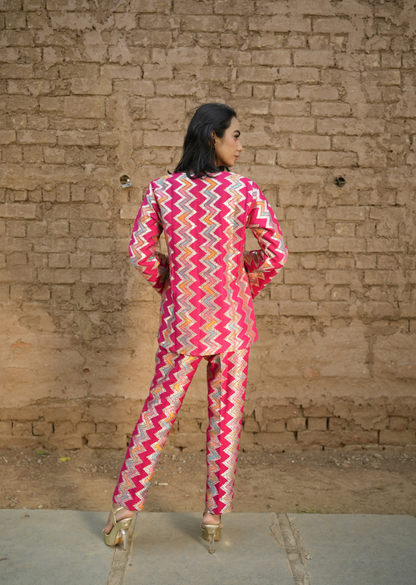 Pink Zari Embroidered Coat And Solid Pants With Turquoise Bustier