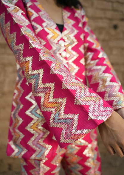 Pink Zari Embroidered Coat And Solid Pants With Turquoise Bustier