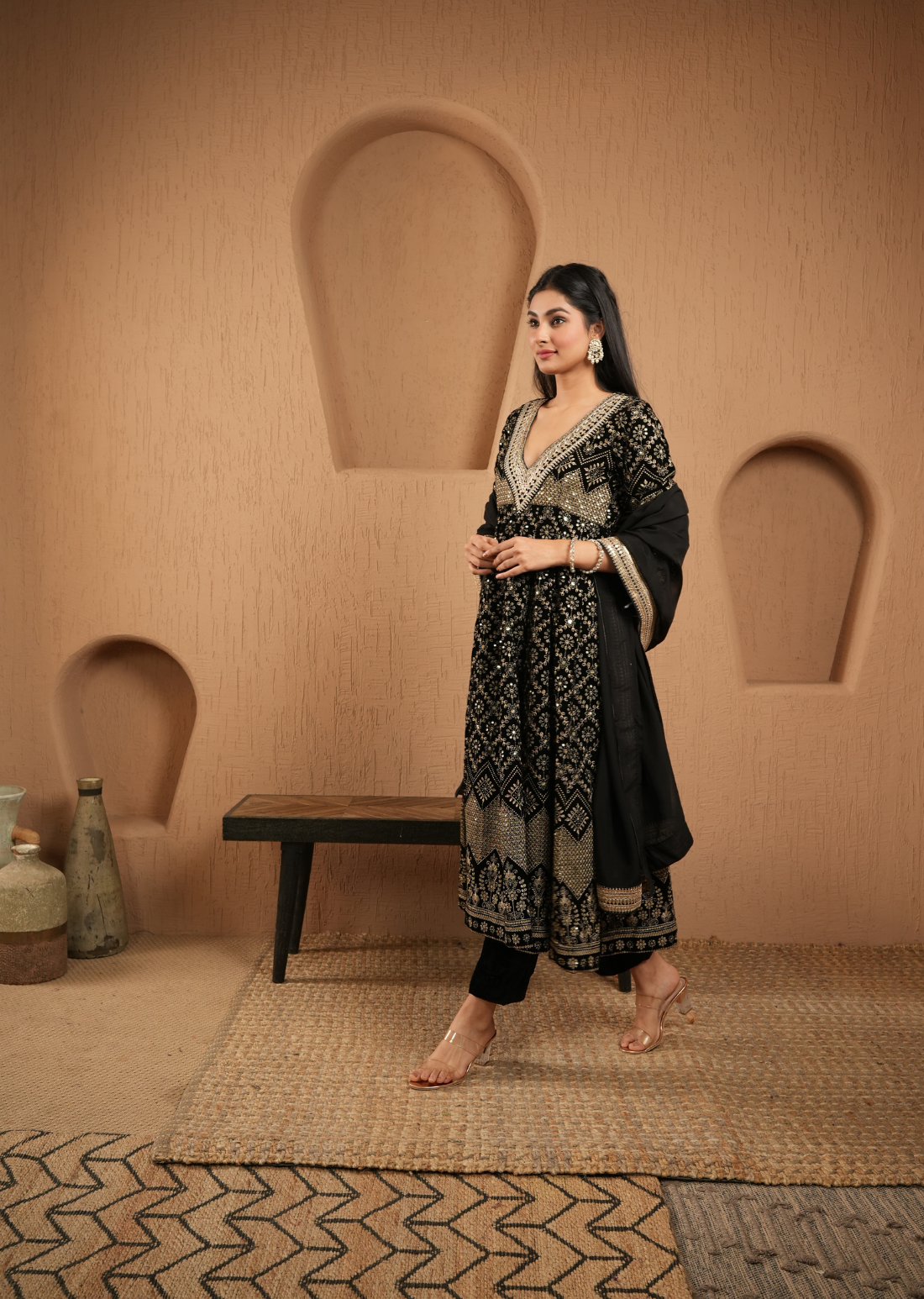 Black Velvet Embroidered Anarkali With Pants And Dupatta