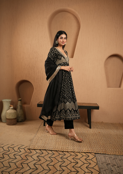 Black Velvet Embroidered Anarkali With Pants And Dupatta