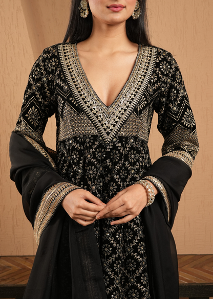 Black Velvet Embroidered Anarkali With Pants And Dupatta