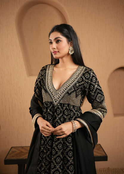 Black Velvet Embroidered Anarkali With Pants And Dupatta