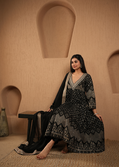 Black Velvet Embroidered Anarkali With Pants And Dupatta