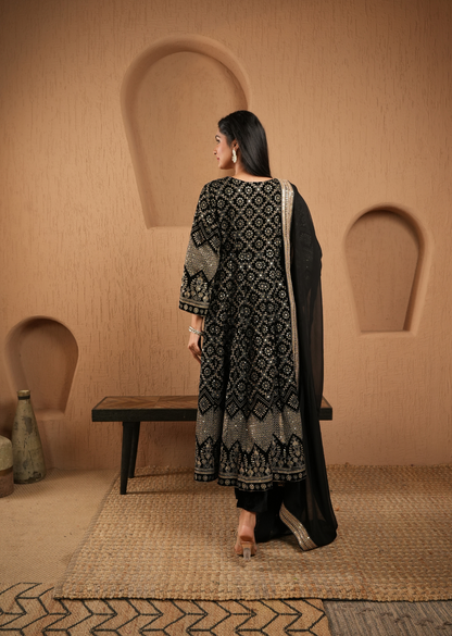 Black Velvet Embroidered Anarkali With Pants And Dupatta