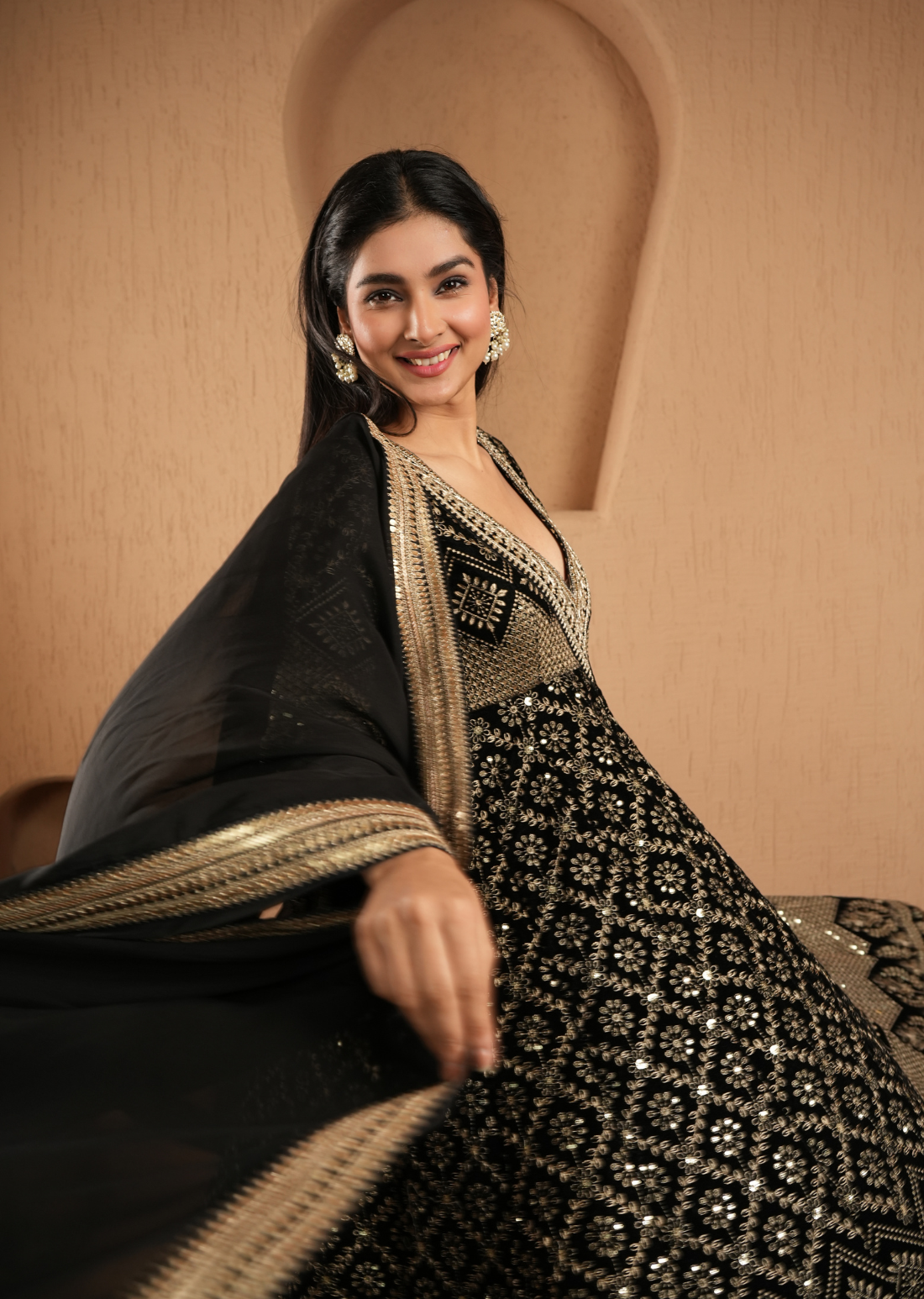 Black Velvet Embroidered Anarkali With Pants And Dupatta