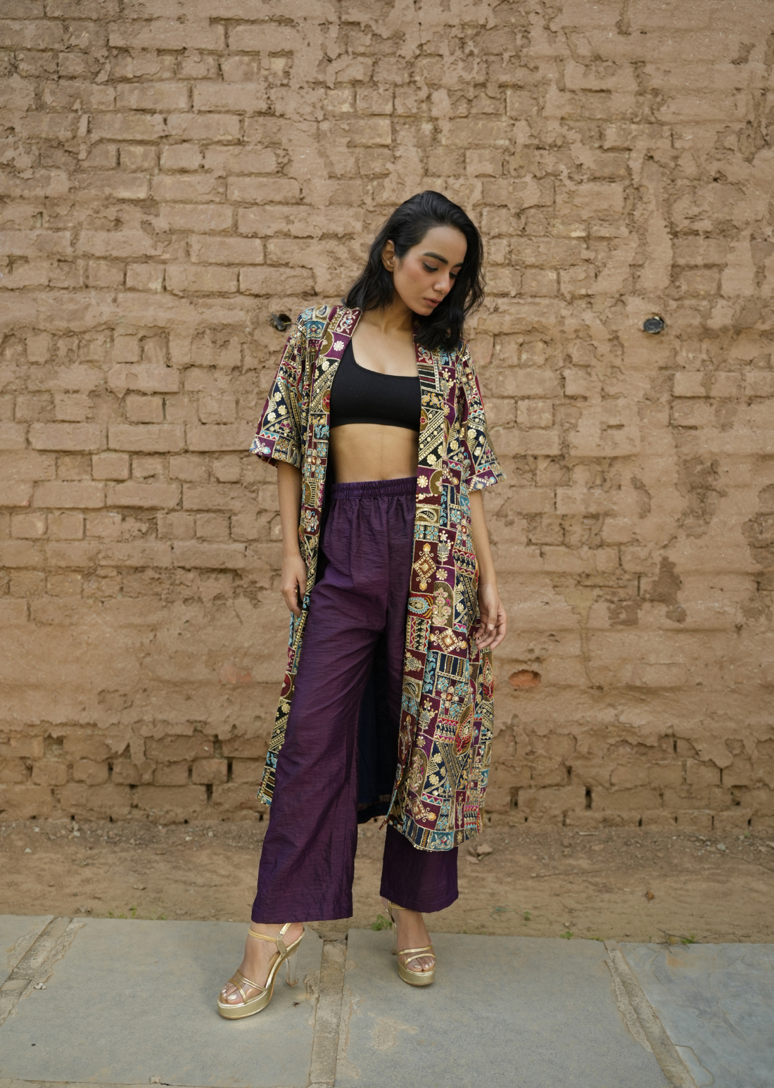 Navy Blue Zari Embroidered Open Long Jacket With Pants