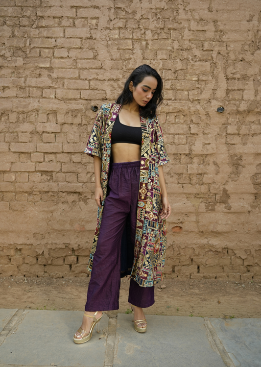 Navy Blue Zari Embroidered Open Long Jacket With Pants